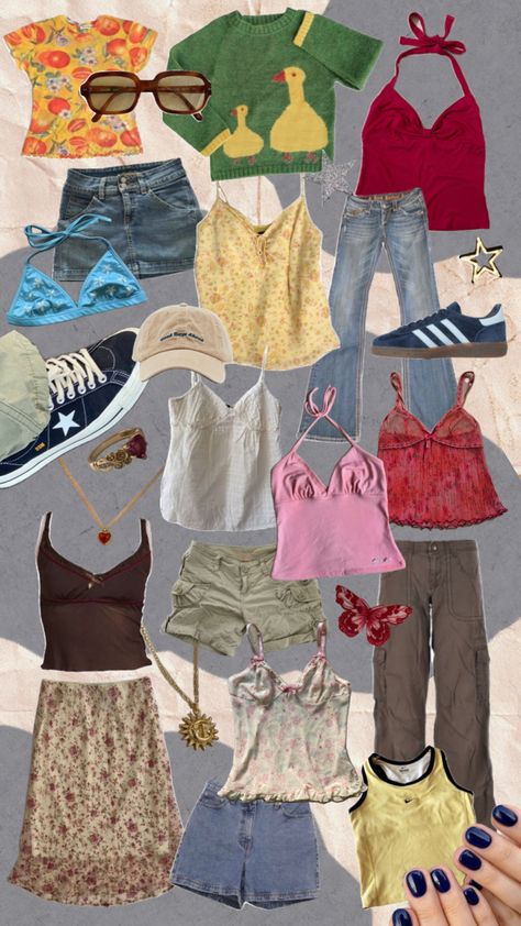 cute summer fits Summer Fit Y2k, Sublime Aesthetic Outfit, Stargirl Outfits Summer, Summer Outfit Colorful, Summer Outfits Board, Summer Fits Vintage, Summer Looks Aesthetic, Y2k Summer Fits, 2000s Summer Outfits