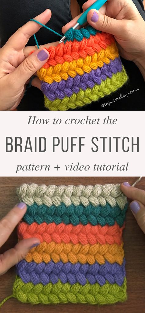 Braid Puff Stitch Free Crochet Pattern Video Tutorial in spanish. Braided Puff Stitch Crochet, Puff Stitch Crochet Pattern, Stitch Crochet Pattern, Puff Stitch Crochet, Beau Crochet, Textured Crochet, Stitches Crochet, Confection Au Crochet, Crochet Shell Stitch