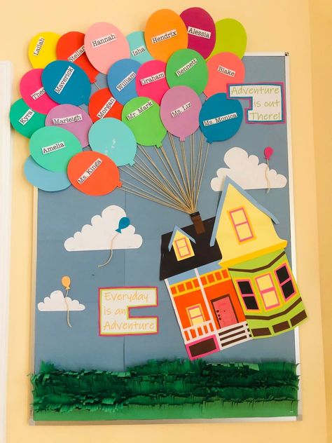 Up Movie Classroom Theme Bulletin Boards, Arabic Board Ideas, Adventure Is Out There Bulletin Board, Disney Up Bulletin Board, Disney Inspired Bulletin Boards, Up Movie Bulletin Board Ideas, Welcome To Our Class Display, Cartoon Classroom Theme, Up Movie Classroom Theme