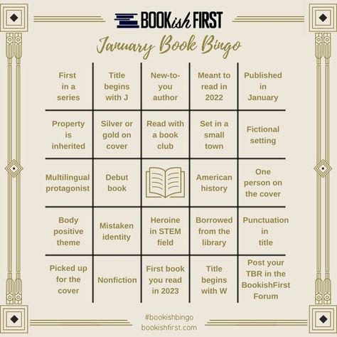 A bingo board with a cream-colored background and a decorative border. The prompts are all bookish and related to reading challenges Bookish Bingo, Camping Bingo, Bingo Books, Road Trip Bingo, Free Printable Bingo Cards, Summer Bingo, Free Bingo Cards, Bingo Games For Kids, January Books