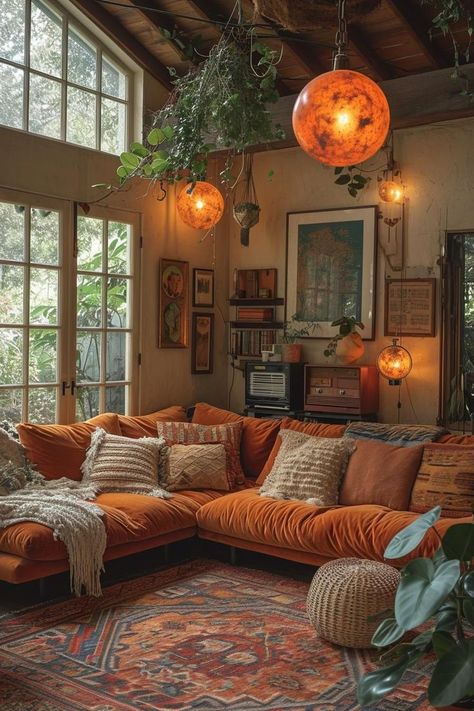 Dark Cottagecore Interior Design, Cluttercore Living Room, 70s House Decor, 70s Inspired Living Room, Living Room 70s, 70s Living Room Decor, 70s Living Room, 70’s Decor, 70s Interior Design