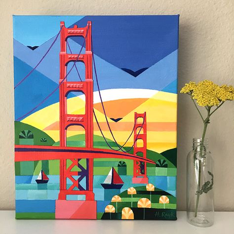 Cityscape Canvas Painting, Collage Art Cityscape, Golden Gate Painting, Cityscape Acrylic Painting, San Francisco Drawing, Cityscape Painting Acrylic, Acrylic Painting City, Bridge Acrylic Painting, City Acrylic Painting