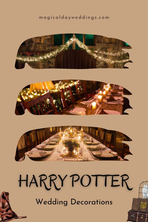Are you looking to plan a Harry Potter themed wedding? The Harry Potter world is filled with a range of aesthetic decorations, so whether you want a decadent wedding with subtle references to the wizarding world, or if you want to turn the venue into Hogwarts itself, there’s so much to choose from. Here we present 14 Harry Potter wedding decorations ideas for the most magical wedding! Click the link below to learn more. Harry Potter Aesthetic Wedding, Harry Potter Wedding Aesthetic, Harry Potter Centerpiece Ideas Weddings, Elegant Harry Potter Wedding, Subtle Harry Potter Wedding, Harry Potter Wedding Centerpieces, Hogwarts Wedding Ideas, Harry Potter Wedding Decor, Weasley Wedding