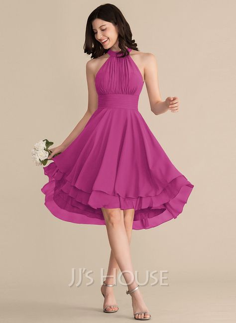 A-Line Scoop Asymmetrical Chiffon Bridesmaid Dress With Ruffle (007153318) - JJ's House Purple Bridesmaid Dresses, Bridesmaid Dresses Short Purple, Coctel Dress, Chiffon Blouses Designs, Formal Wedding Guest Dress, Knee Length Bridesmaid Dresses, Formal Dresses For Teens, Chiffon Cocktail Dress, Semi Formal Dresses