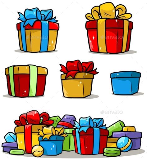 Cartoon Colored Presents and Different Gift Boxes - Vector EPS Natal, Gifts Drawing Christmas, Present Box Drawing, Cartoon Christmas Presents, Christmas Gift Clipart, Presents Illustration, Present Cartoon, Christmas Gift Drawing, Present Clipart
