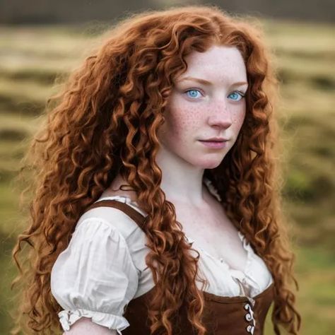 Lass from scotland in 18th century red curly long ha... | OpenArt Curly Hair Blue Eyes, 18th Century Gown, Red Curly Hair, Medieval Woman, Merida Brave, Face Drawing Reference, Green Gown, Blue Gown, Head & Shoulders