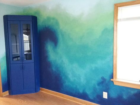 Ombre Home Decor, Gradient Painted Wall, Mermaid Ombre Wall, Blue Green Ombre Wall, Ombre Mural Wall, Green Ombre Wall Paint, Blue Ombre Wall Paint, Watercolor Walls Diy, Hombre Wall Paint Diy