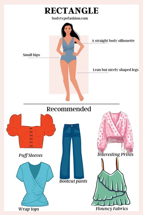 Dressing Style For Rectangular Body Shape, Casual Outfit Ideas For Rectangle Body Shape, Clothes According To Body Shape, Fits For Rectangle Body Shape, Casual Outfit For Rectangular Body Shape, Dresses Rectangle Body Shape, Rectangle Body Capsule Wardrobe, Rectangle Body Swimsuit, Body Type Style Guide