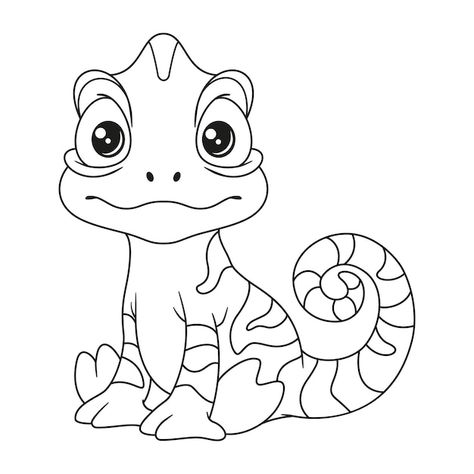 Cute little chameleon coloring page | Premium Vector #Freepik #vector #baby-dragon #cute-illustration #cute-dragon #cute-cartoon Cute Lizard Drawing, Chameleon Coloring Page, Chameleon Cartoon, Cartoon Chameleon, Chameleon Illustration, Puppy Party Theme, Dragon Cute, Colorful Lizards, Cute Lizard