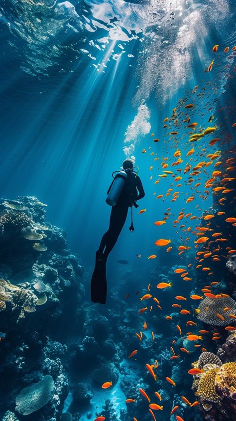 Underwater Scuba Dive: A diver explores the tranquil underwater world among schools of tropical fish and vibrant corals. #underwater #scuba #diving #ocean #fish #aiart #aiphoto #stockcake ⬇️ Download and 📝 Prompt 👉 https://ayr.app/l/ucgm Scuba Diving Coral Reef, Scuba Diving Maldives, Diving Photo Ideas, Sea Diving Aesthetic, Scuba Diver Aesthetic, Scuba Diving Painting, Scuba Diving Wallpaper, Scuba Aesthetic, Free Diving Aesthetic