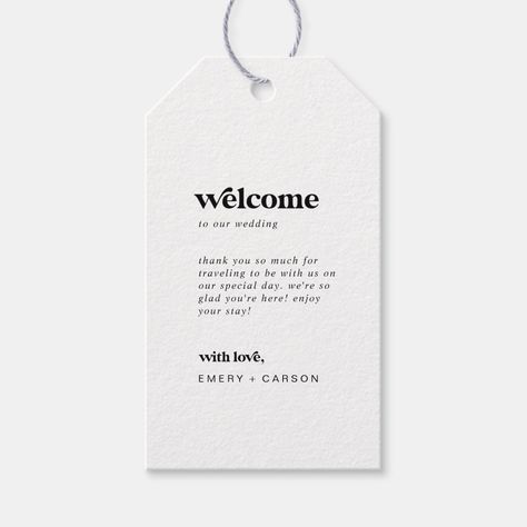 These modern black typography wedding welcome gift tags are perfect for a simple wedding. The black and white minimalist design features a retro yet contemporary font with a unique rustic bohemian feel. Perfect for any season. Keep it minimal, as is, or add your own graphics and artwork. Personalize the tags with the location of your wedding, a short welcome note, your names, and wedding date. These tags are perfect for destination weddings and hotel guest welcome bags. Beach Wedding Simple, Wedding Hotel Gift Bags, Destination Wedding Bags, Modern Beach Wedding, Wedding Favors Packaging, Wedding Welcome Gifts, Destination Wedding Welcome Bag, Black Typography, Typography Wedding