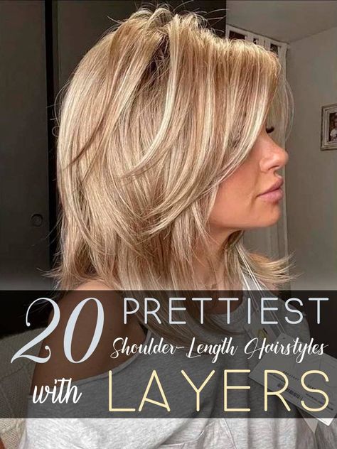 Hairstyles Layers Medium Mid Length, Hairstyles For Heavy Face, Long Shoulder Length Hair With Layers, French Layered Haircut Medium, Layers Bangs Medium, Shoulder Layered Haircuts Mid Length, Shoulder Hairstyle Women Layers, Longer Bobs For Older Women, Long Layers Face Framing Curtain Bangs Shoulder Length Hair