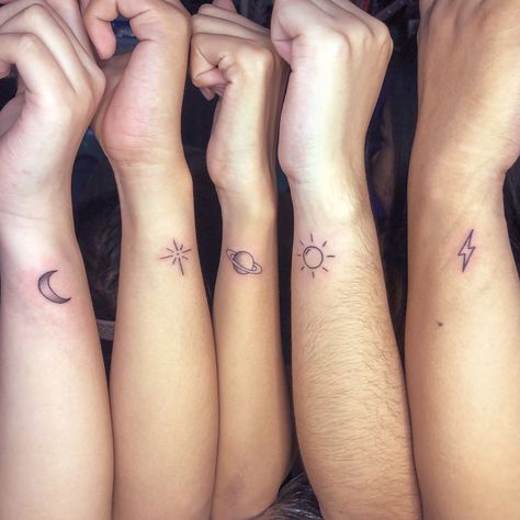 Five Friend Tattoos, Small Matching Tattoos For 5 Best Friends, Matching Tattoos For Best Friend Group, Best Friend Tattoos 5 People, Best Friend Tattoos Group Of 4, Matching Tattoos For Five People, Tattoo Ideas For Five Friends, Matching Tattoos 4 Sisters, Matching Siblings Tattoo For 4