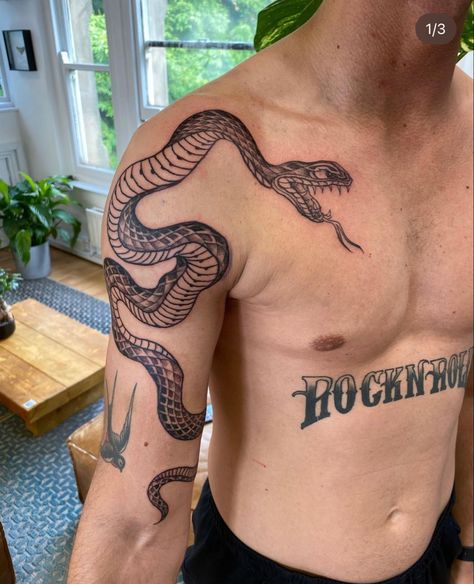 Man Chest Tattoo, Snake Around Arm Tattoo, Arm Tattoos Snake, Tattoo Bicep, Chest Tattoo Designs, Art Of Expression, Man Chest, Snake Tattoo Ideas, Bicep Tattoo Men