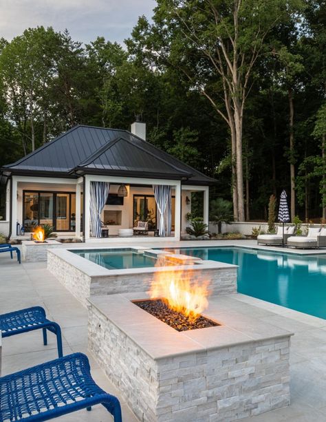 White Pool House Exterior, Modern Farmhouse Backyard With Pool, New Build Pool Ideas, Big Backyard Patio Designs With Pool, Large Pool House Ideas, Guest House Exterior Ideas, Pool And Guest House Ideas, Pool House With Workout Room, Outdoor Ideas With Pool