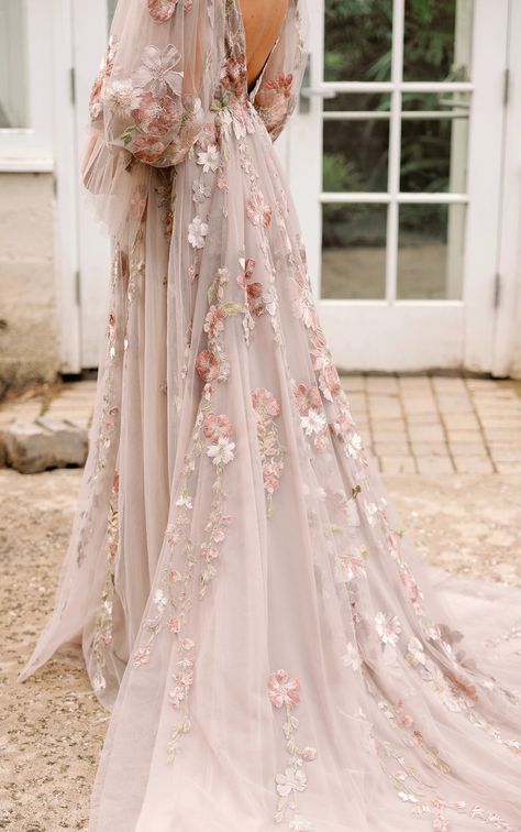 Colorful Floral Lace Boho Wedding Dress with Blouson Sleeves Wholesome Wedding, Lace Boho Wedding Dress, Long Sleeve Wedding Dress Boho, Wedding Dresses Whimsical, Colored Wedding Dress, Boho Wedding Gowns, Fairy Wedding Dress, Embroidered Wedding Dress, Garden Wedding Dresses