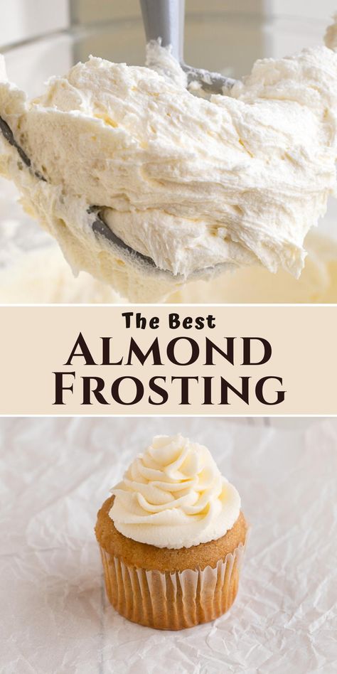 almond buttercream frosting on beater and on cupcake. Almond Whipped Cream Frosting, Pie, Almond Buttercream Cake, Best Almond Buttercream Frosting, Almond Flavored Icing, Almond Cake Frosting Recipe, Vanilla Almond Buttercream Frosting, Almond Extract Frosting, Almond Frosting Recipe