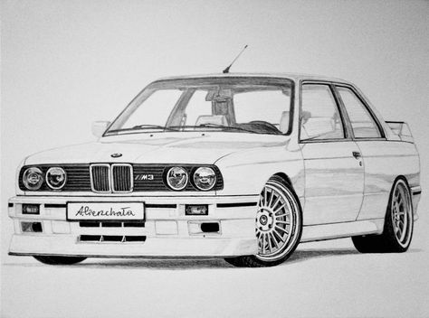 Today, this model looks a bit comical with its specific proportions and spoilers, but in its time, it represented the highest level of sports performance and driving precision. DRAWINGS FOR ORDER - DM/email for details #bmw #m3 #e30 #germany #sportscar #classic #80s #coupe #power #speed #racing #motorsport #car #drawing #art #artist #automotive #design E30 M3 Drawing, E30 Bmw Drawing, Bmw E30 M3 Drawing, Rally Car Drawing, Bmw M3 Drawing, E30 Drawing, Bmw E30 Drawing, E30 Tattoo, Shirt Reference