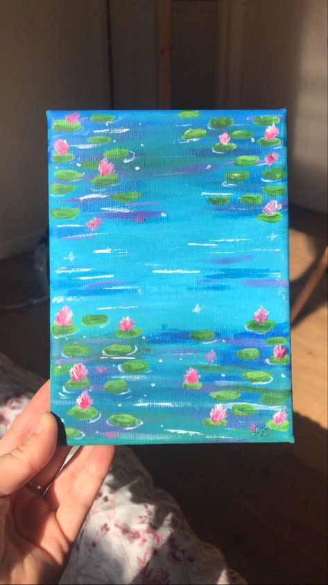 5x7 Acrylic Painting Ideas, This To Paint, Easy Pond Painting, Simple Beginner Painting Ideas, Paintinting Ideas Simple, Song Painting Ideas On Canvas, Dainty Painting Ideas, Easy Painting Canvas Ideas, Rectangular Painting Ideas