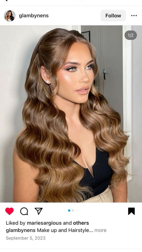 Big Wedding Hair Down With Veil, Wedding Veil Half Up Half Down Hair, Red Carpet Half Up Half Down Hair, Wedding Hairstyles Down Wavy Loose Curls Side Part, High Up Half Down Hair, Wavy Hair For Wedding Guest, Hollywood Waves Bridal Hair Middle Part, Half Up Half Down With Veil Wedding Hair, Hairstyle For Corset Dress