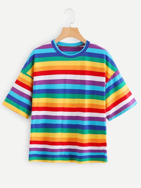 Rainbow Striped Tee -SheIn(Sheinside) Mode Kawaii, Rainbow Outfit, Pride Outfit, Rainbow Shirt, Women T Shirts, Clothes Inspiration, Rainbow Stripes, Mode Style, Striped Tee