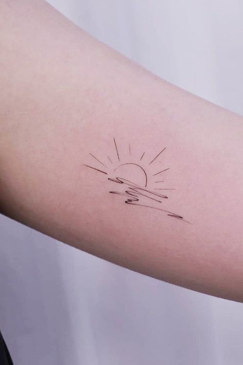 New Jersey Tattoo Ideas Small, Cactus Rib Tattoo, My Body Is Art Tattoo, Water And Sunset Tattoo, Wow Tattoo Ideas, Storm And Sun Tattoo, Sun Line Drawing Tattoo, Minimalist Sun Tattoo Simple, Sun Lover Tattoo