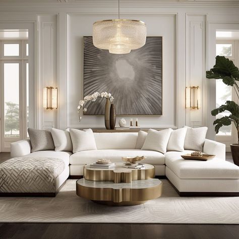 White And Gold Family Room, Classic House Design Interior Living Rooms, White Modern Luxury Living Room, Living Room European Style, Ivory And Gold Living Room, Cream Modern Living Room, Off White Sofa Living Room Ideas, Two Sitting Areas Living Room, Modern Luxe Interior Design