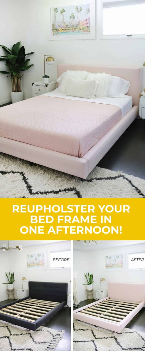 How to reupholster a bed frame #bed #bedframe #bedroom #upholstery Upcycling, Bed Makeover Before And After, Reupholstering Bed Frame, How To Reupholster A Bed Frame, How To Cover Bed Frame, Reupholster Headboard Ideas, Diy Velvet Bed Frame, Bed Frame Refurbished, Upcycled Bed Frame