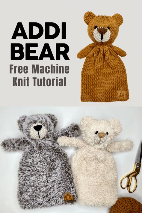 Learn how to make the adorable Addi Bear, a knit bear lovely using a knitting machine and a crochet hook! Free Crochet and knit hybrid. Amigurumi Patterns, November Crochet Patterns, Addi 22 Projects, 40 Pin Knitting Machine Pattern, Machine Animals, Addi Machine, Knitting Bear, Knitting Machine Tutorial, Bear Lovey