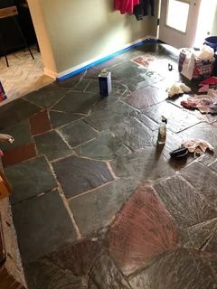Painting Slate Tile Floors, Cleaning Slate Floors, Slate Tile Floor Kitchen, Slate Bathroom Floor, Black Slate Floor, Slate Floor Kitchen, Diy Grout, Black Slate Tiles, How To Clean Granite
