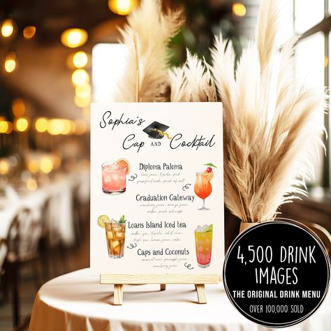 "Graduation Signature Drink Template, Graduation Party Cocktail Sign, Editable Grad Party Drink Sign, Printable Grad Bar, Grad Party Decor, 4,500+ Drinks ★EDIT ON THE TEMPLETT WEBSITE Using a DESKTOP or LAPTOP COMPUTER      (Google Chrome is the Preferred Browser) Print your own Signature Drink Sign with this template.  * 4,500+ Drinks and Garnishes to choose from * Edit Text * Change Font * Change Font Color * Move, resize, turn * The Original Drink Menu. 4,000 different designs. Over 50,000 sold. 🎓DEMO THIS TEMPLATE RIGHT NOW Check out this template in our demo area and play around with it before you purchase! https://templett.com/design/demo/magnolia/14546040,6096392,26675998,26738950,26738960,26738922,26739089,26739099 ★EASY TO USE! 1. Open file using our design application right in y Graduation Signature Drink, Graduation Party Drinks, Grad Party Decor, Template Graduation, Drink Names, Cocktail Sign, Cocktail Names, Grad Party Decorations, Cocktails Sign