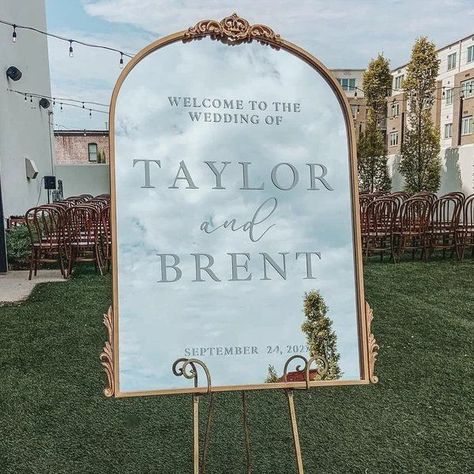 Wedding Mirror Welcome Sign, Mirror Welcome Sign, Gold Arch Mirror, Mirror Wedding Signs, Wedding Entrance Sign, Wedding Mirror, Welcome Sign Wedding, Wedding Schedule, Entrance Sign