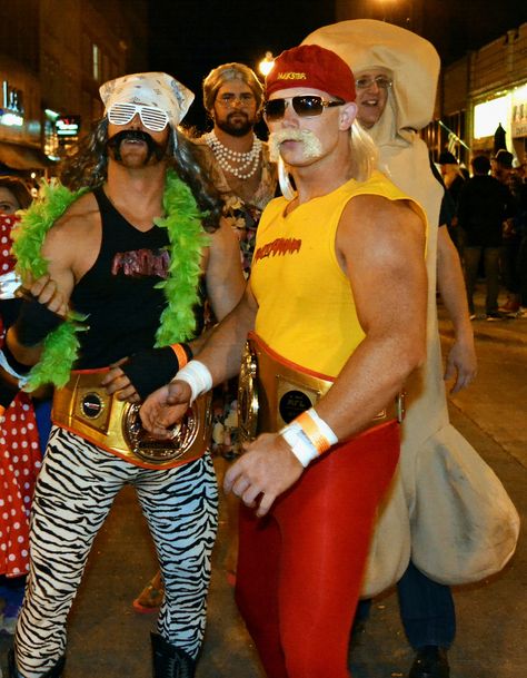 Wrestler Halloween Costume, Hulk Hogan Halloween, Macho Man Costume, Wwe Halloween Costume, Hulk Hogan Costume, Bar Crawl Outfit, 90s Bar, 1980s Halloween Costume, Wwe Costumes