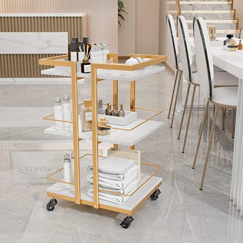 Salon Cart Trolley, Salon Trolly Ideas, Medspa Organization, Salon Snack Station, Spa Storage Ideas, White And Gold Esthetician Room, Esthetician Room Organization Ideas, Mobile Esthetician Trailer, Esthetician Room Storage Ideas