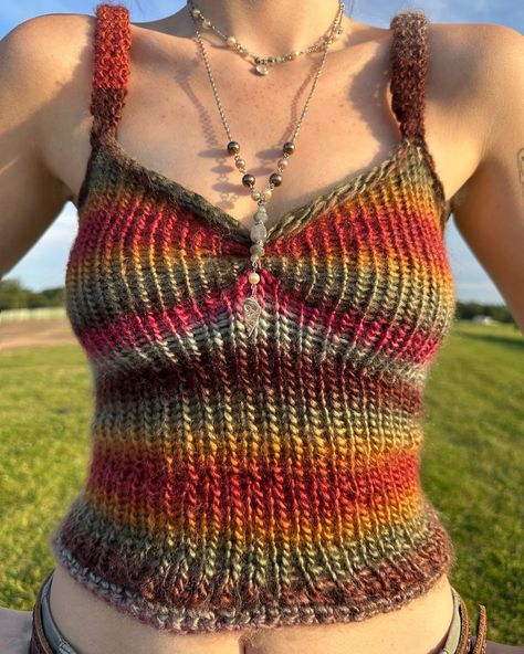 Crochet Whimsygoth, Crochet Tops Grunge, Crochet Projects With Multi Color Yarn, Knit Top Ideas, Crochet Party Outfit, Crochet Tops Y2k, Crochet And Knitting Projects, Midsize Crochet, Novelty Yarn Projects