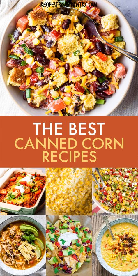 This collection of over 25 easy and delicious canned corn recipes will take your mealtime to the next level. Canned corn is a versatile ingredient that can be used in various dishes, from soups and salads to casseroles and dips. With its sweet, juicy kernels, canned corn adds flavor and texture to any dish. Click through to get these tasty canned corn recipes!! #CannedCornRecipes #Corn #EasyRecipes #QuickMeals #CornChowder #CornSalad #CornCasserole #CornDip #Cornbread #ComfortFood #MealPlanning Easy Recipes With Corn, Best Canned Corn Recipe, Canned Goods Recipes, Corn Canning Recipes, Canned Sweet Corn Recipes, Corn Kernel Recipes, Leftover Corn Recipes, Canned Veggie Recipes, Recipes Using Canned Corn