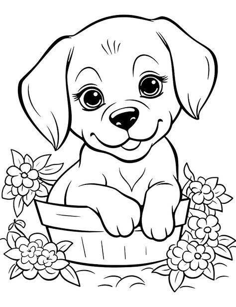 Cute Puppy in a Basket: A tiny, cute puppy sitting inside a basket, surrounded by flowers. (Free Printable Coloring Page for Kids) Dog Pictures To Color, Poodle Drawing, Fargelegging For Barn, Puppy Coloring Pages, Free Kids Coloring Pages, Dog Coloring Page, Unicorn Coloring Pages, Easy Coloring Pages, Flower Coloring Pages