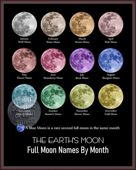 Different Full Moons, Types Of Full Moons, Full Moon Pictures, Full Moon Names, Artwork For Wall, Moon Color, Moon Names, Living Wall Art, Moon Quotes