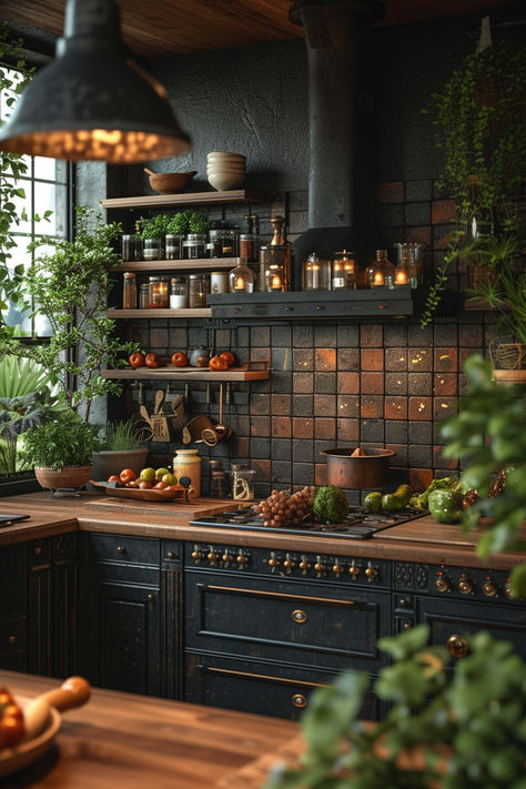 dark kitchen, industrial kitchen, farmhouse kitchen, black kitchen, cozy kitchen, kitchen inspo Moody Farmhouse, Moody Kitchen, Casa Hobbit, Dark Home Decor, Cozy Kitchen, Kitchen Design Decor, Dream House Interior, Cottage Kitchen, Industrial House