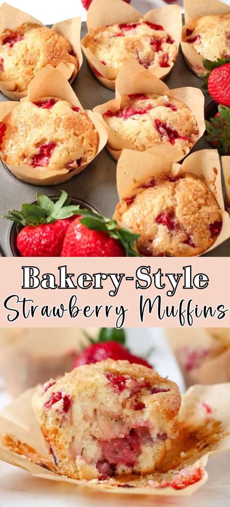 These bakery-style strawberry muffins are moist, sweet, and bursting with fresh strawberry flavor. Perfect for strawberry season or whenever you are craving a sweet snack, these homemade strawberry muffins are perfect with a hot cup of tea, as an easy breakfast, or as a quick snack for your kids! Easy Snacks Homemade, Strawberry Cupcakes Healthy, Summer Kids Snack Ideas, Breakfast With Strawberries Easy, Strawberry Banana Muffins Easy, Strawberry Raspberry Muffins, Muffins With Strawberries, Mini Muffins Strawberry, Brunch Snacks Easy