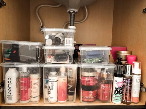 Hair Products Storage Ideas, Organizing Hair Products, Under Sink Organization Kitchen, Diy Natural Hair Products, Under Sink Organization Bathroom, Sink Organization Bathroom, Product Organization, Hair Storage, African American Natural Hair