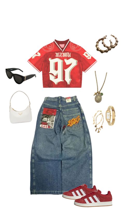 Fresh Prince Of Bel Air Ashley Outfit, Jnco Outfit Woman, Red Outfits Streetwear, Red New Balance 550 Outfit, Jnco Jeans Aesthetic, Jncos Outfit, Outfit Ideas Jersey, Martin Outfits 90s, Red Fits Aesthetic