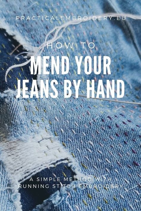 How to mend holes in denim by hand. A simple method with running stitch embroidery. Learn how to mend jeans and why you should do it! Couture, How To Stitch Jeans Hole, Repairing Clothes With Embroidery, How To Mend A Hole In Jeans, Embroidery Holes In Jeans, Embroidery Jean Hole Repair, Mend Jeans Holes, Darning Jeans By Hand, Embroidery Jean Repair