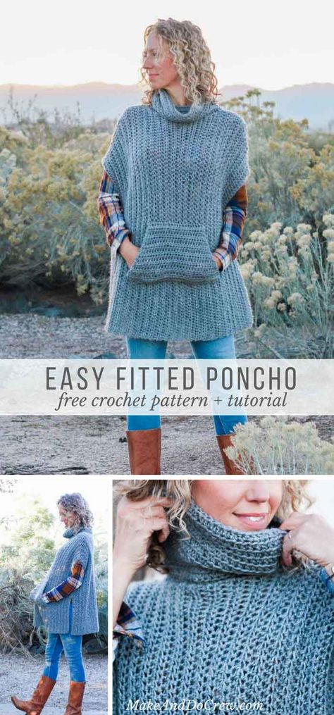 Love! This modern free crochet poncho pattern is a little more fitted than most, offering a versatile wardrobe staple that's perfect for layering. Free pattern and tutorial! via @makeanddocrew Crochet Poncho Pattern, Poncho Pullover, Make And Do Crew, Poncho Crochet, Crochet Poncho Free Pattern, Crochet Poncho Patterns, Poncho Pattern, Crochet Jacket, Chale Crochet
