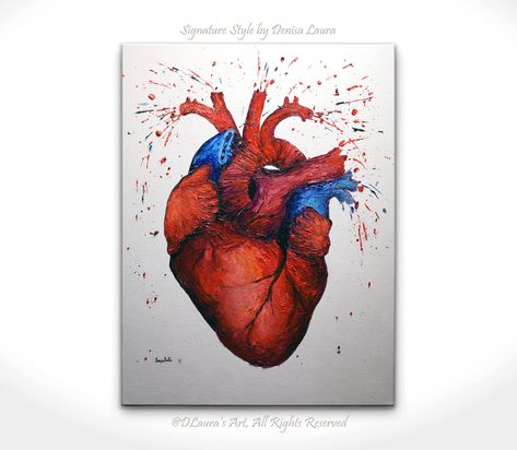 Tela, Heart Texture Art, Human Heart Painting On Canvas, Doctor Painting Art, Watercolor Heart Painting, Human Heart Painting, Heart Painting Ideas, Anatomical Heart Painting, Medicine Painting