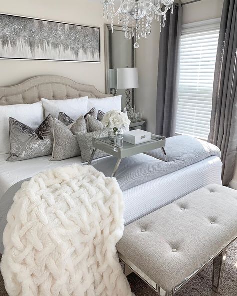 LGQUEEN Home Decor on Instagram: “A cozy made bed to come home to is one of the best feelings ever!! 🙌🏽 NEW video is now live on my YouTube channel LGQUEEN Home Decor. Come…” Gray Color Bedroom, Bedroom Silver, Silver Wall Decor, Color Bedroom, Silver Bedroom, Grey Wall Decor, Interior Design Career, Glam Bedroom, Salon Suites