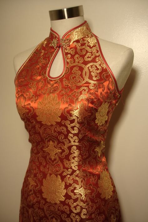 RP: Red Chinese Silk Brocade Cheongsam - Collar Detail Cheongsam Shirt Outfit, Chinese Brocade Dress, Chinese Halter Top, Red Qipao Aesthetic, Chinese Suits For Women, Chinese Style Top, Red Silk Outfit, Cheongsam Sleeveless, Chinese Dress Outfit