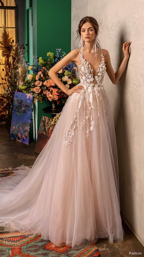 Plunging Wedding Dress, Low Cut Wedding Dress Neckline, Floral Applique Wedding Dress, European Wedding Dresses, Rose Wedding Dress, Blush Wedding Dress, Wedding Dresses Blush, Favourite Flowers, 2020 Wedding Dresses