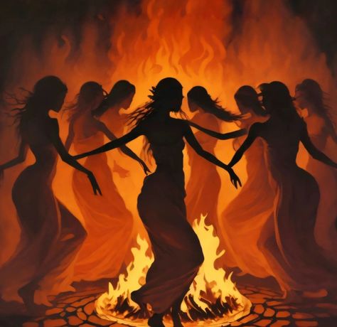 Nymphs dancing around the bonfire. Magical Witches Dancing Around Fire Art, Witches Around Fire, Woman On Fire Art, Women Dancing Around Fire, Witches Dancing Around Fire, Fire Witch Art, Fire Fairy Art, Dancing Around Fire, Dancing Around A Fire