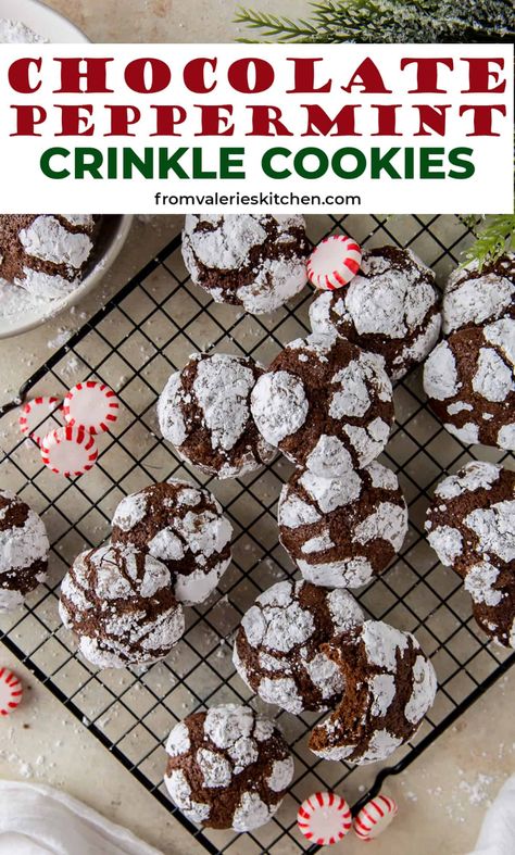 Mint Crinkle Cookies, Pepermint Cookies, Peppermint Crinkle Cookies Recipe, Chocolate Peppermint Crinkle Cookies, Peppermint Crinkle Cookies, Crackle Cookies, Cookie Board, Holiday Baking List, Baking List